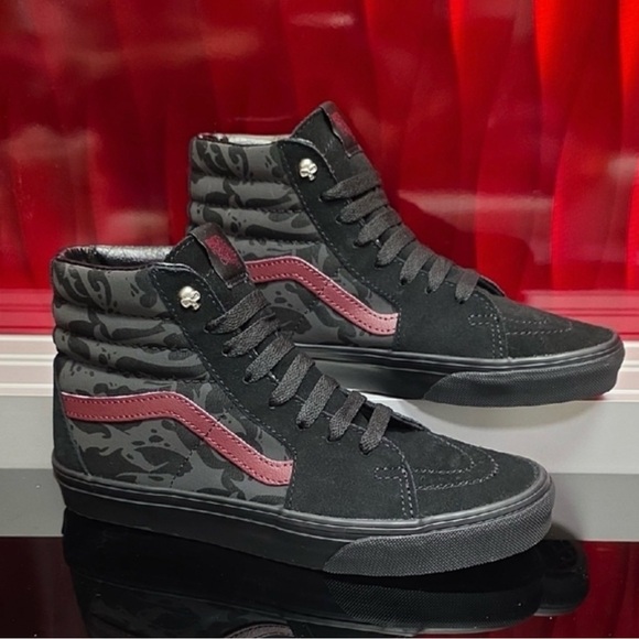 Vans Shoes - Vans High-Top Sneakers in Black with Burgundy Stripe